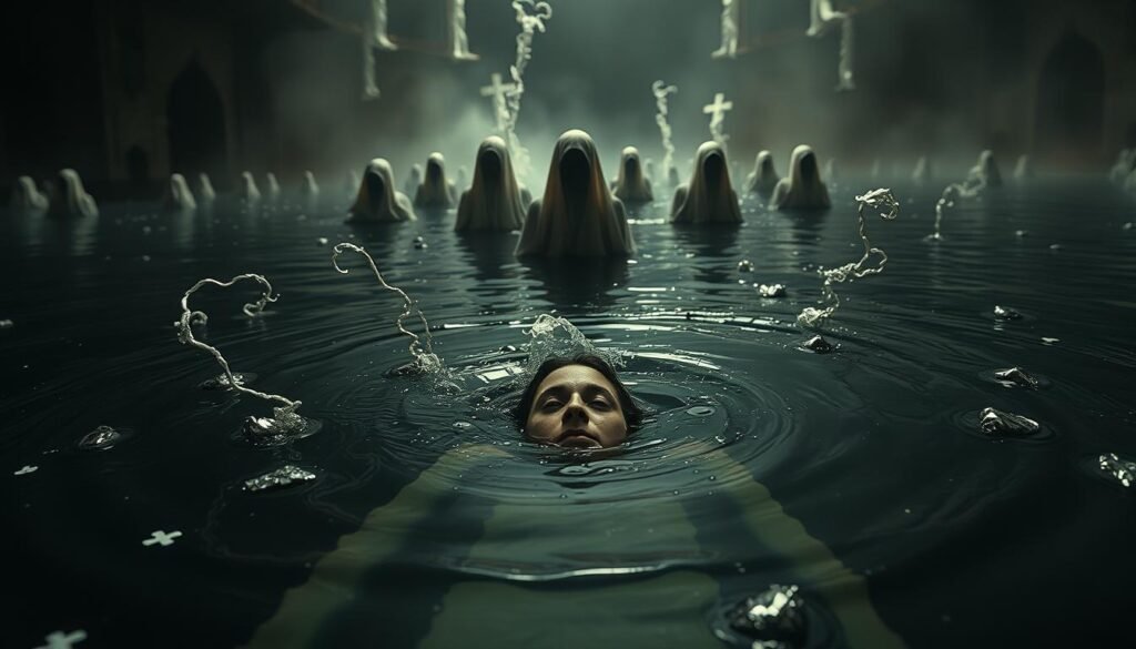 An ornate, dreamlike scene depicting the ancient cultural symbolism of drowning. In the foreground, a figure submerged in a dark, swirling pool, their expression serene yet pensive. Surrounding them, ethereal tendrils and fragments of submerged symbols, hinting at the spiritual significance. In the middle ground, ghostly figures emerge from the depths, their faces obscured, representing the transition between the physical and the metaphysical. The background is a kaleidoscope of muted, otherworldly hues, suggesting the liminal space between life and death. Dramatic chiaroscuro lighting casts dramatic shadows, heightening the sense of mystery and the numinous. Captured with a wide-angle lens to immerse the viewer in the symbolic, dream-like atmosphere.