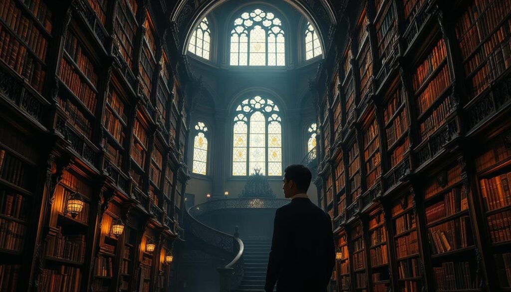 An ornate, intricate library interior with towering bookshelves, vaulted ceilings, and stained glass windows that cast warm, ethereal light throughout the space. In the foreground, a solitary figure stands amidst the shelves, their face obscured as they gaze up at the ancient, leather-bound volumes, hinting at the mysteries and hidden knowledge contained within. The middle ground is filled with a sense of reverence and wonder, with ornate carved wooden details, brass fixtures, and a grand, spiral staircase leading to the upper levels. The background is shrouded in a soft, dreamlike haze, suggesting a realm beyond the physical, where the boundaries between the conscious and subconscious blur. The overall atmosphere evokes a deep, contemplative state, inviting the viewer to ponder the symbolic significance of the library as a space of enlightenment, introspection, and the unearthing of buried truths.
