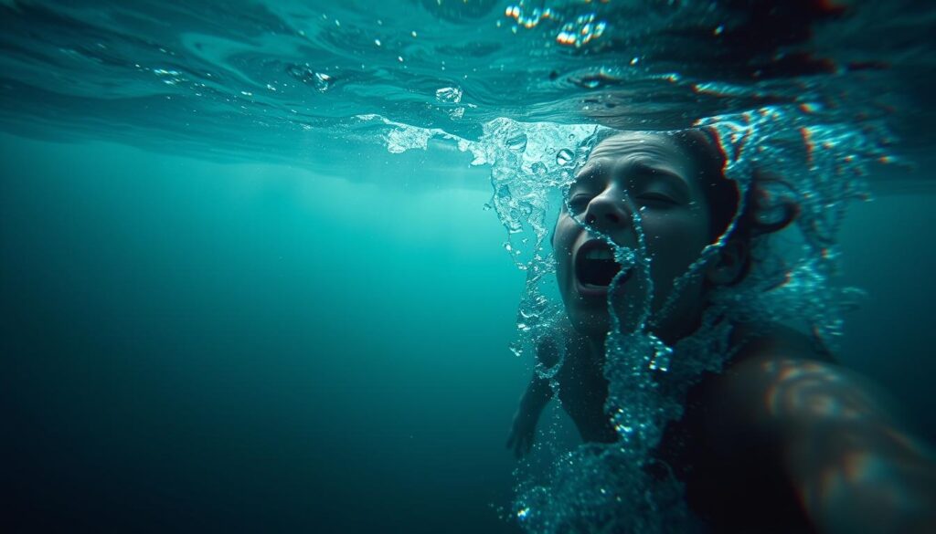 An underwater dreamscape where stress manifests as a turbulent tidal wave, surging through the subconscious. In the foreground, a person submerged, grasping for air, their face distorted by the rippling water. Surrounding them, swirling currents of vibrant blues and greens, hinting at the emotional turmoil. In the middle ground, shimmering fragments of memory and experience, fragmented by the overwhelming pressure. The background fades into a muted, murky void, symbolizing the limitless depths of the psyche. Backlighting casts an ethereal glow, creating an atmosphere of unease and introspection. Shot with a wide-angle lens to capture the expansive, disorienting nature of the scene. The overall mood conveys the visceral experience of stress manifesting through water-based dreams.