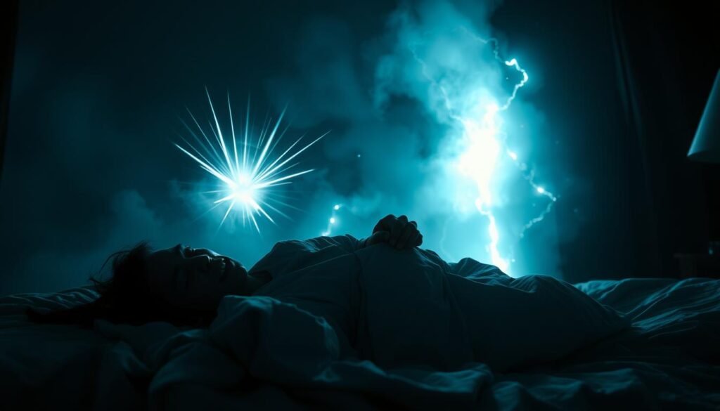 Anxiety Dreams and Stress-Induced Seizure Dreams A dimly lit, dreamscape-like scene. In the foreground, a restless figure tosses and turns, their face contorted in anguish. Shadowy tendrils of anxiety creep across the bedsheets, enveloping the figure. In the middle ground, jarring flashes of light erupt, casting an eerie glow on the scene. Distorted, fragmented images of past traumas and worries swirl in the background, creating a sense of disorientation and unease. The lighting is moody, with deep shadows and highlights that accentuate the intensity of the experience. The overall atmosphere is one of deep distress, as if the viewer is trapped within the subject's troubled subconscious.