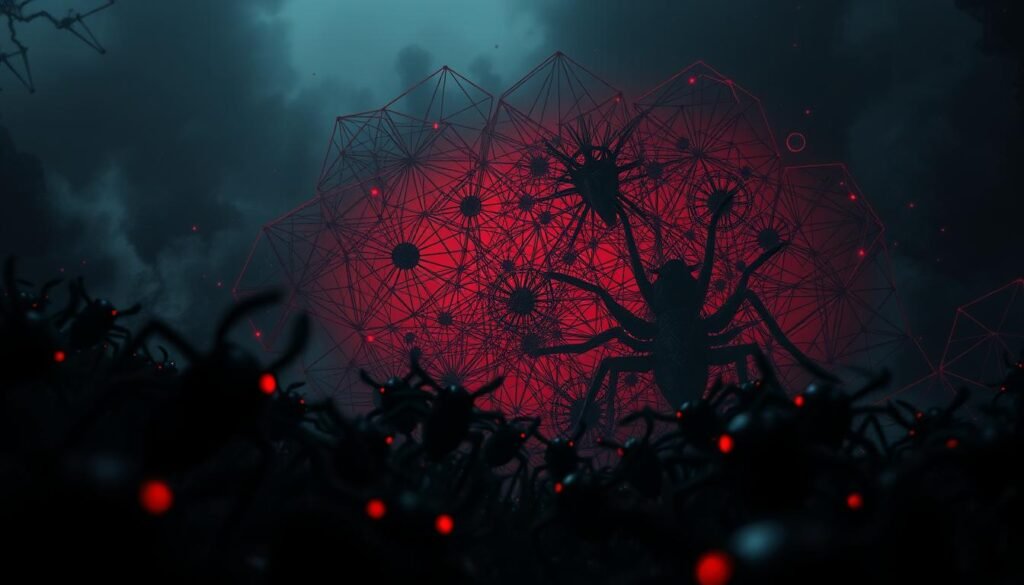Detailed analysis patterns of a bug nightmare, showcasing intricate fractal-like designs in shades of black, gray, and deep crimson. The foreground features a swarm of nightmarish insect silhouettes, their compound eyes glinting with an unsettling intensity. The middle ground depicts a sprawling network of intricate lines and geometric shapes, suggestive of a complex neural network or a twisted, labyrinthine subconscious. The background is shrouded in a moody, atmospheric haze, creating a sense of unease and the unknown. Lighting is dramatic, with harsh shadows and highlights emphasizing the eerie, unsettling nature of the subject matter. The overall composition conveys a sense of deep psychological exploration and the disturbing power of the subconscious mind.