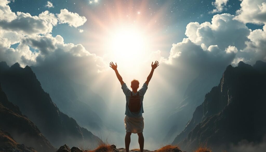 Detailed and mystical landscape depicting a spiritual breakthrough. In the foreground, a person stands victorious, arms raised, enveloped in a glowing aura of divine light. Behind them, a shimmering portal of energy opens, revealing a realm of boundless potential and transcendent wisdom. Towering peaks reach towards the heavens, clouds parting to reveal a starry night sky. The scene is suffused with a sense of wonder, triumph, and the transformative power of the human spirit. Soft, warm lighting accentuates the scene, creating an atmosphere of profound and inspiring revelation. Cinematic, wide-angle perspective to capture the grandeur of the moment.