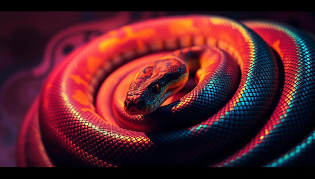 Detailed close-up image of a coiled python snake, its scales shimmering in a dreamlike palette of vibrant colors. The serpent's body undulates gracefully, capturing the essence of fluidity and movement. The background is a mystical, swirling vortex of hues, evoking a sense of the subconscious and the hidden depths of the psyche. Dramatic studio lighting casts dramatic shadows, adding depth and dimension to the scene. The overall composition has a surreal, almost psychedelic quality, inviting the viewer to delve into the symbolic meaning of the python's chromatic dreamscape.
