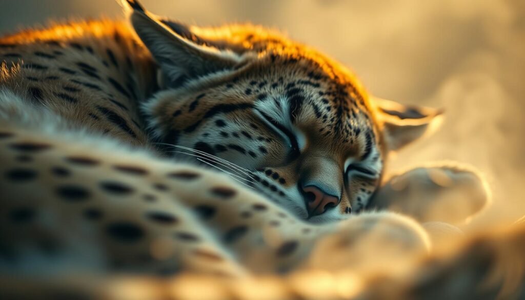 Detailed close-up of a bobcat curled up in a peaceful slumber, its eyes gently closed as it dreams. Soft, warm lighting bathes the feline's tawny fur, creating a serene, introspective atmosphere. The bobcat's body is positioned in a relaxed, almost meditative posture, conveying a sense of inner calm and connectedness with the natural world. Delicate wisps of mist or vapor swirl around the sleeping predator, symbolizing the subconscious realm of dreams. The background is hazy and abstract, allowing the bobcat to be the focal point and emphasizing its introspective state.
