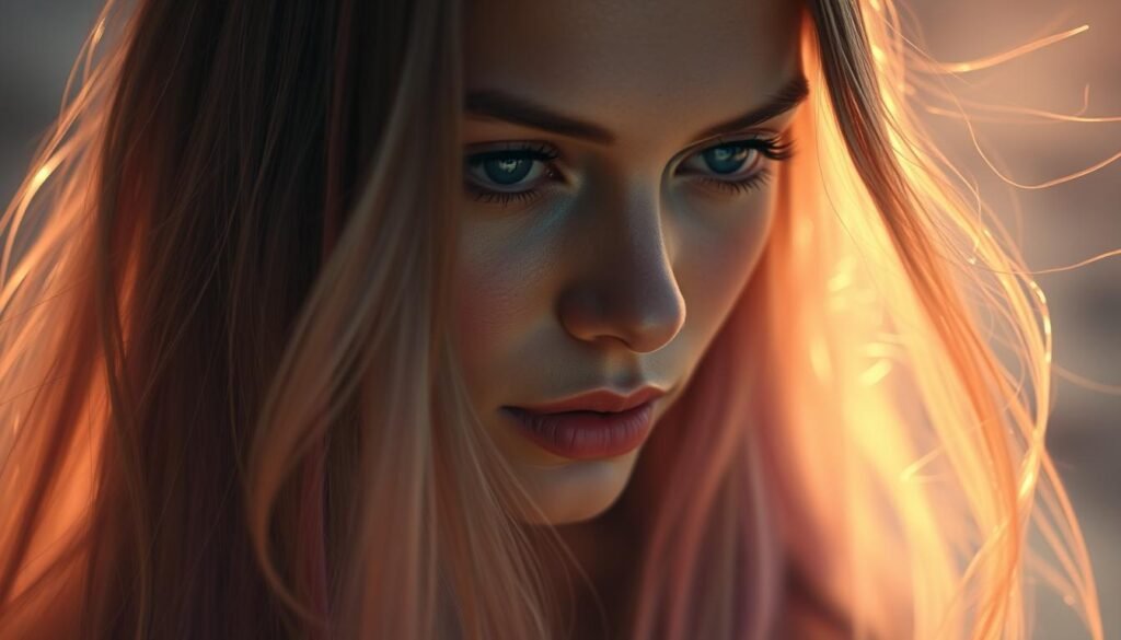Detailed closeup of a female face in the middle of the frame, with long, flowing hair of various spiritual and ethereal colors cascading down around the face. The hair is backlit by a soft, warm light, creating a glowing, otherworldly aura. The background is hazy and dreamlike, with muted colors and a sense of depth. The expression on the face is serene and introspective, conveying a sense of deep contemplation and connection to the spiritual realm. Subtle details in the hair, such as wisps of color and shimmering highlights, add to the sense of mysticism and the hidden meanings within dreams.