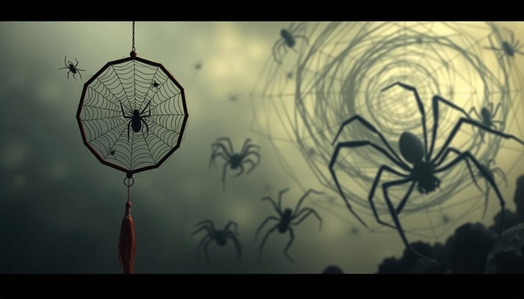 Detailed digital illustration showcasing a collection of spider-themed dream variations. In the foreground, a dreamcatcher filled with intricate web patterns and delicate spider silhouettes floats against a hazy, ethereal backdrop. In the middle ground, a cluster of spider-like figures in muted, earthy tones emerge from the shadows, their movements fluid and ghostly. In the far background, a swirling vortex of spider-inspired imagery - tangled webs, arachnid appendages, and haunting, abstract shapes - creates a sense of depth and the subconscious realm. The lighting is soft and moody, evoking a contemplative, mystical atmosphere. The composition is balanced and the color palette is rich yet muted, suggesting the enigmatic nature of dream symbolism.