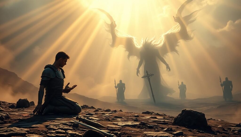 Detailed dream vision of spiritual battle preparation. In the foreground, a warrior kneels in prayerful meditation, armor and weaponry by their side. Shafts of warm, golden light pierce through swirling mists, illuminating the scene. In the middle ground, phantasmal forms coalesce - ghostly adversaries, their shadowy forms flickering and pulsing with an otherworldly energy. The background depicts a vast, otherworldly landscape - a realm between worlds, where the physical and the ethereal intertwine. A sense of focus, resolve, and supernatural power pervades the image, as the warrior communes with higher powers, drawing strength for the battles to come.