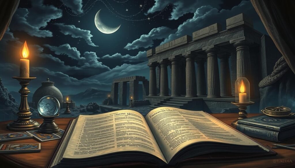 Detailed fantasy illustration depicting the Western dream interpretation symbols, with a mystical, spiritual atmosphere. In the foreground, an open book of dream analysis rests on a table, surrounded by symbolic objects such as a crystal ball, tarot cards, and a compass. The middle ground features a night sky with crescent moon, stars, and wispy clouds. In the background, ancient ruins of a stone temple or castle loom, casting long shadows. The lighting is dramatic, with soft glowing highlights and deep shadows, creating an air of mystery and introspection. The overall color palette is muted, with earthy tones and hints of blues and purples. The composition is balanced and visually compelling, drawing the viewer into the world of dream interpretation.