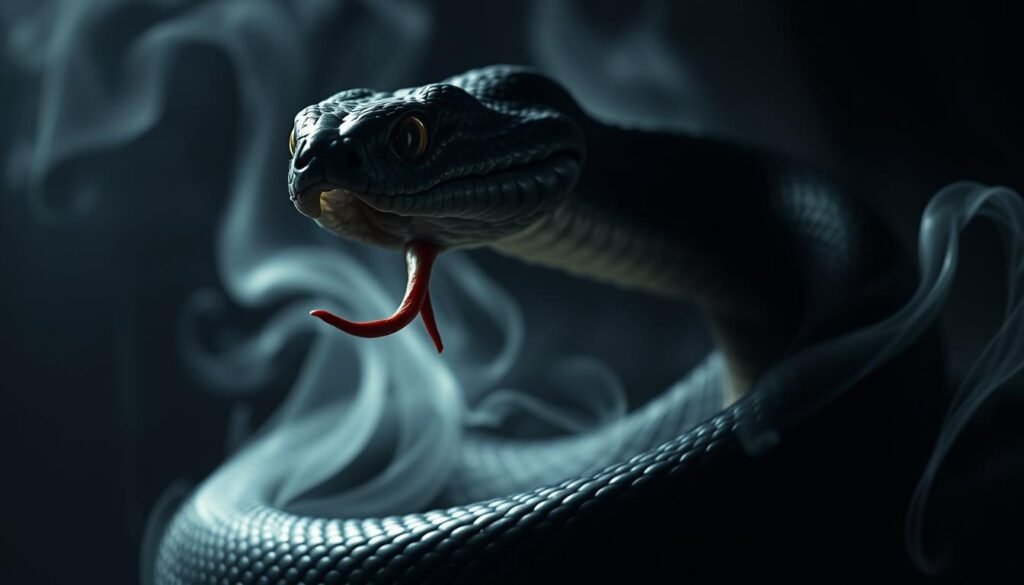 Detailed portrait of a black snake coiled in a dreamlike setting, capturing a range of intense emotional expressions. Serpent's head raised, eyes piercing and alert, tongue flickering, exuding a mix of apprehension, curiosity, and primal power. Ethereal, moody lighting casts dramatic shadows, heightening the sense of mystery and foreboding. Soft, wispy tendrils of mist or smoke curl around the snake's form, creating an otherworldly, transcendent atmosphere. Composition emphasizes the snake's central position, with a hazy, out-of-focus background that suggests a liminal, subconscious realm. Overall, the image conveys the complex emotional responses - from fear to transformation - that may arise from encountering a black snake in one's dreams.