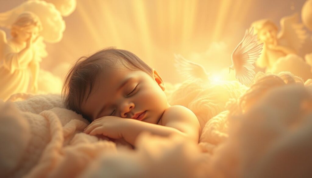 Detailed spiritual dreamscape of a sleeping infant girl, bathed in warm, celestial light. Soft, wispy clouds in the background, with gentle rays of light emanating from the center. The baby is surrounded by ethereal, angelic figures, their translucent forms offering comfort and guidance. Delicate floral elements, such as lilies and jasmine, drift through the scene, symbolizing purity and the divine feminine. The overall atmosphere is serene, transcendent, and imbued with a sense of profound spiritual significance, reflecting the deeper meaning and message of the baby girl's dream.