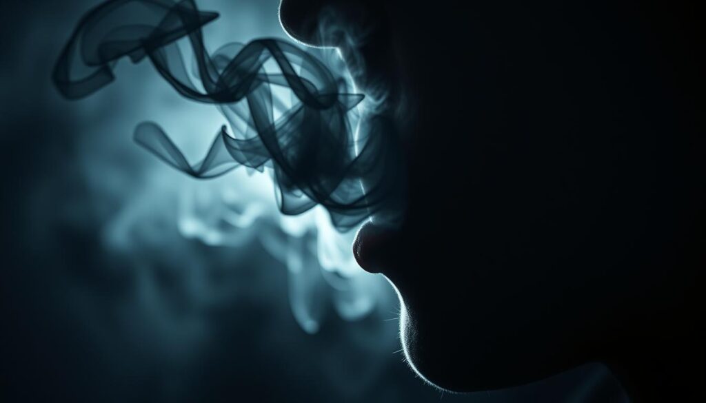 Dramatic close-up of a person's mouth, lips parted as if speaking negative, hurtful words. The words emerge from the mouth as shadowy, ominous shapes, like tendrils of smoke or wispy stormclouds. These dark, ethereal forms swirl and coalesce, casting an oppressive, spiritual shadow over the person's face, which is partially obscured in dramatic chiaroscuro lighting. The background is hazy and indistinct, creating a sense of isolation and spiritual turmoil. Moody, atmospheric tones convey the heavy, damaging weight of careless, destructive speech.