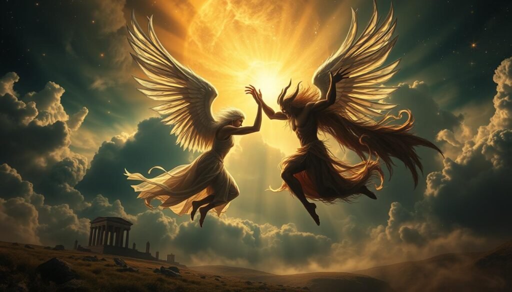 Dramatic, ethereal landscape with clashing forces of divine and demonic energies. In the foreground, two ethereal figures locked in fierce combat - one radiating angelic light, the other shrouded in shadowy demonic aura. Swirling clouds part to reveal a celestial backdrop, stars twinkling amidst shafts of golden light. The figures appear to be suspended in mid-air, their movements fluid and graceful. Hints of ancient ruins or forgotten temples in the distance, hinting at the cosmic scale of the battle. Dramatic chiaroscuro lighting, strong contrasts between light and dark. Evoke a sense of cosmic, eternal struggle between the sacred and profane.