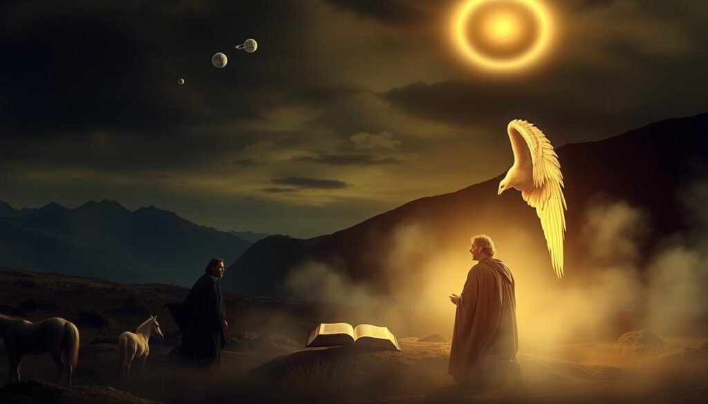 Dramatic religious scene with biblical dream interpretation principles. In the foreground, an angel appears before a kneeling figure, illuminated by a heavenly glow. In the middle ground, symbolic imagery such as an open book, a white horse, and celestial bodies. The background depicts a dusky, atmospheric landscape with silhouetted mountains. Muted color palette with dramatic chiaroscuro lighting, creating a sense of reverence and divine revelation. Highly detailed, photorealistic style with a wide-angle lens capturing the expansive, awe-inspiring scene.