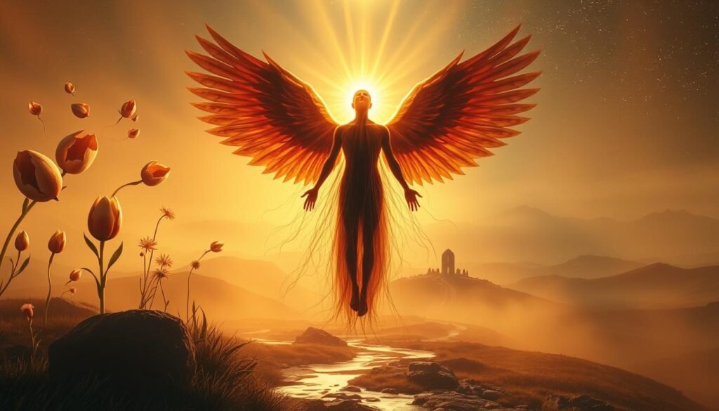 Dramatic scene of spiritual transformation, bathed in warm, ethereal light. In the foreground, a figure undergoing metamorphosis - wings unfurling, body dissolving into cascading lines of energy. Surrounding this central motif, abstract symbols of new beginnings: cracking eggs, budding flowers, flowing streams. In the middle ground, a shadowy gateway or portal, hinting at a journey from one state of being to the next. The background depicts a surreal, dreamlike landscape - rolling hills, floating islands, a starry night sky. An atmosphere of tranquility, introspection and the promise of renewal.