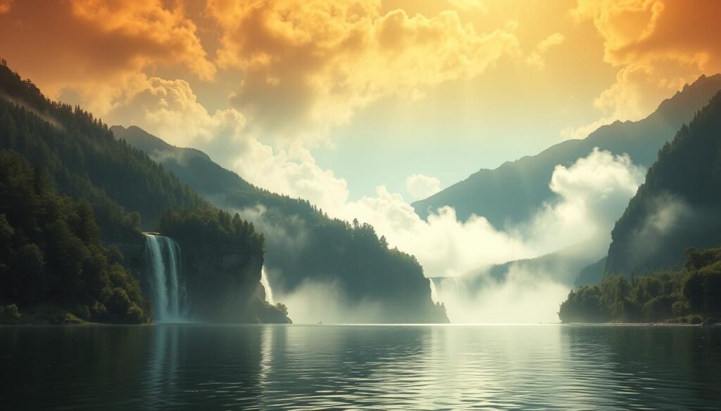 Dramatic spiritual landscape with a tranquil lake surrounded by lush green forests and mountains. The lake's waters are overflowing, spilling over the banks and cascading down the cliffs. The sky is a warm golden hue, bathing the scene in a dreamlike, transcendent light. Shimmering reflections of the clouds and landscape dance on the water's surface. A mystical, ethereal energy permeates the entire composition, inviting the viewer to ponder the deeper meanings and symbolic significance of water overflow in the realm of dream interpretation.
