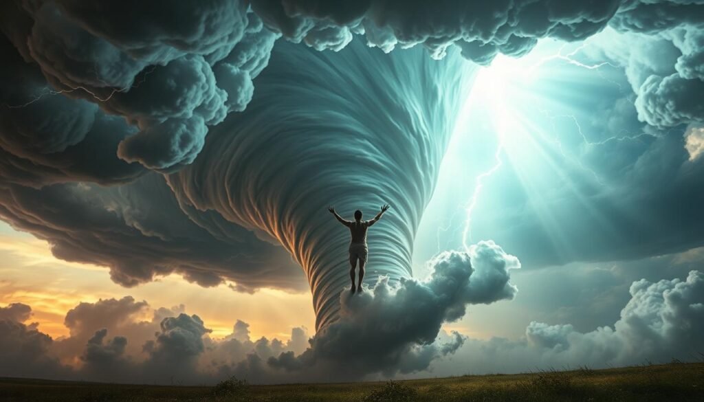 Dramatic spiritual tornado swirling with divine energy, transforming the dreamer's consciousness. Intense beams of celestial light piercing through the vortex, casting an ethereal glow upon the scene. Flashes of lightning crackle through the billowing clouds, hinting at the power of this otherworldly phenomenon. In the center, a human figure struggles to maintain balance, arms outstretched as they undergo a profound metamorphosis. The tornado's funnel twists and turns, a visual metaphor for the dreamer's inner journey towards enlightenment. Surreal, awe-inspiring, and deeply symbolic, this visionary landscape evokes the essence of spiritual cleansing and renewal.