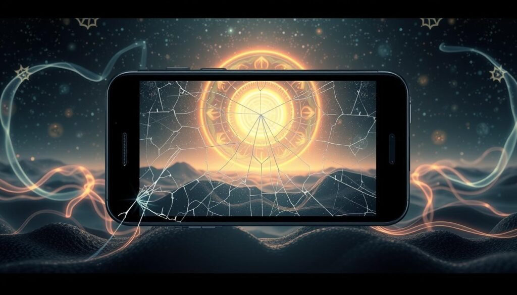 Dream Communication Symbols A surreal landscape of abstract symbols and glyphs, representing the enigmatic language of the subconscious. Ethereal ribbons of light intertwine, forming intricate patterns that dance across the canvas. In the foreground, a cracked smartphone screen serves as a portal, revealing a kaleidoscopic realm where the boundaries between waking and dreaming blur. The middle ground is filled with cascading geometric shapes, their movements mirroring the rhythmic pulse of the mind. In the distance, a celestial backdrop sets the stage, its starry expanse hinting at the vast, unexplored depths of the human psyche. Soft, diffused lighting casts an otherworldly glow, evoking the mysterious and contemplative nature of the dream world.