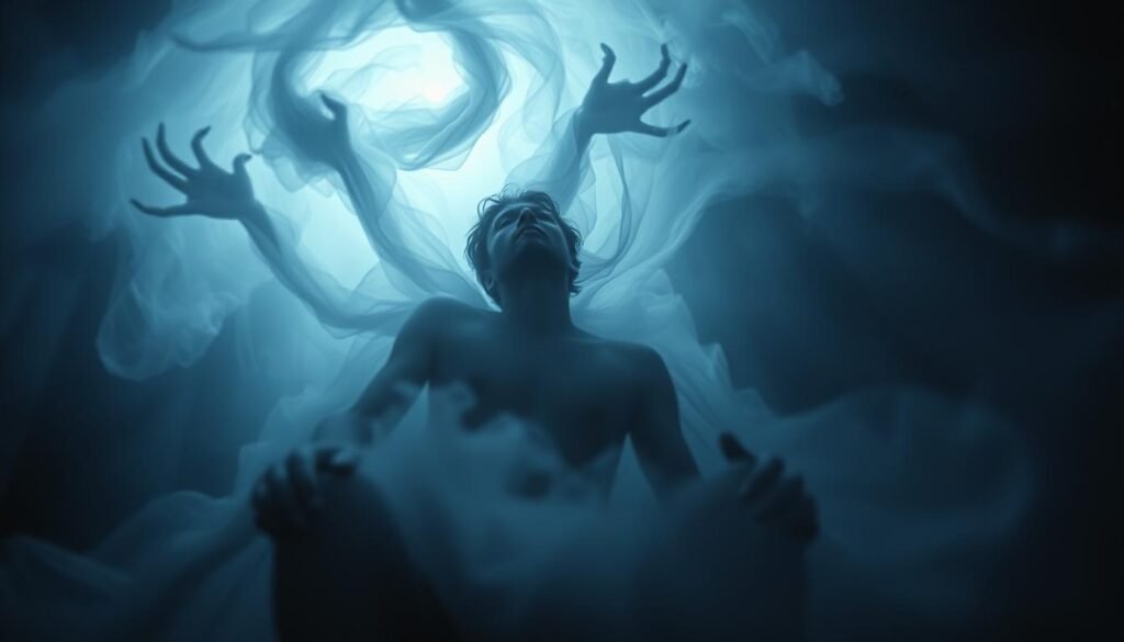 Dreaming figure enveloped in a swirling vortex of ethereal energy, emanating a sense of spiritual unrest. Spectral manifestations of shadowy forms loom in the background, creating an atmosphere of unseen forces. Dramatic chiaroscuro lighting casts dramatic shadows, emphasizing the ominous and unsettling nature of the scene. The subject's expression is one of deep contemplation, as if wrestling with an unseen adversary. Muted color palette with hints of deep blues and purples, evoking a sense of the mystical and supernatural. Camera angle slightly low, lending a sense of vulnerability and the magnitude of the spiritual battle.