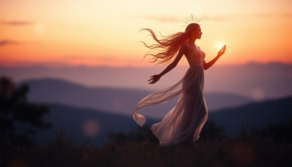 Elegant and ethereal balance of masculine and feminine energies. A serene landscape with a soft, warm glow bathing the scene. In the foreground, a figure embodying the divine masculine, strong yet graceful, stands tall and radiates a sense of power and protection. Alongside, the divine feminine energy manifests as a flowing, luminous figure, embodying grace, intuition and nurturing. Their energies intertwine, forming a harmonious whole, symbolizing the integration of these sacred forces. The background depicts a twilight sky, with subtle hues of purple and gold, creating a dreamlike, mystical atmosphere. Lens flares and a shallow depth of field add to the sense of transcendence and spiritual resonance.