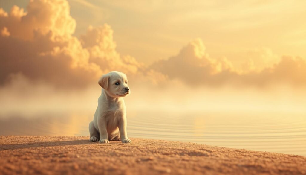 Emotional Development in Dream Analysis: A serene dream landscape with a soft, pastel color palette. In the foreground, a young puppy sits peacefully, its eyes reflecting deep contemplation. The middle ground features a tranquil pond, its surface mirroring the emotional growth symbolized by the puppy. In the background, wisps of clouds drift across a warm, golden sky, evoking a sense of inner harmony and self-discovery. The lighting is gentle, with warm, diffused tones that create a dreamlike atmosphere. The composition is balanced, guiding the viewer's gaze to the central puppy, the embodiment of the connection between puppies and emotional growth.