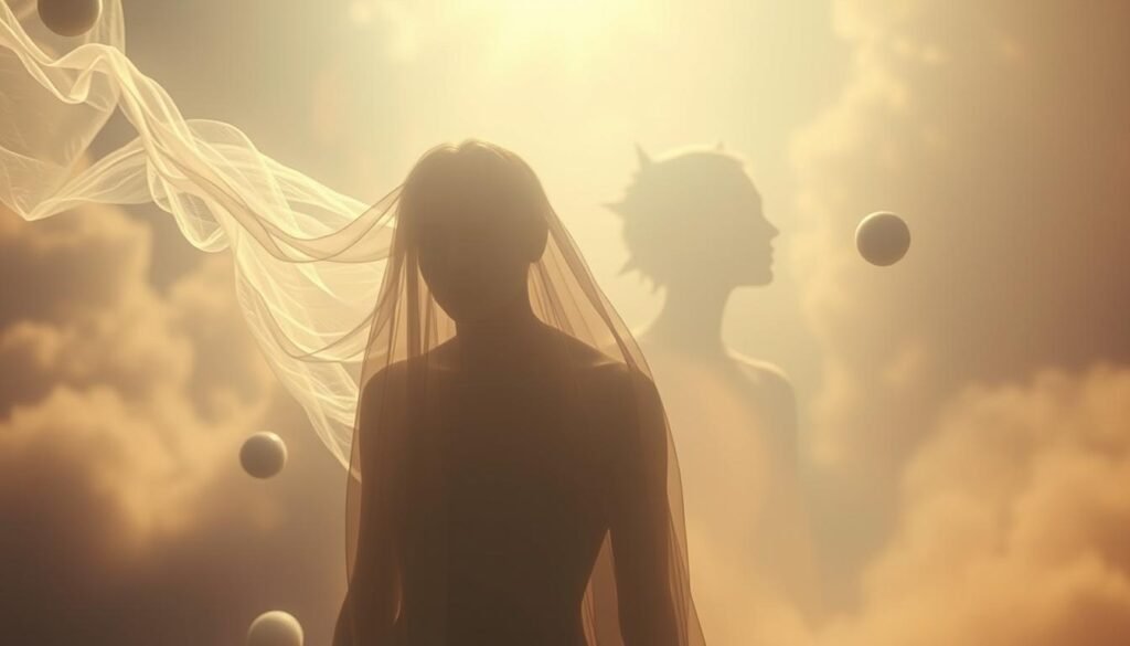 Emotional Dream Interpretation: A surreal landscape bathed in soft, ethereal light. In the foreground, a figure emerges, their features obscured by a shimmering veil, embodying the ambiguity and mystery of the subconscious. Wispy tendrils of mist swirl around them, hinting at the complexities of the inner world. In the middle ground, abstract shapes and forms float and coalesce, representing the fluid, ever-changing nature of dreams. The background is a kaleidoscope of color and texture, a visual manifestation of the emotional undercurrents that shape our nocturnal visions. The overall tone is one of contemplation, inviting the viewer to explore the depths of the dreaming mind.