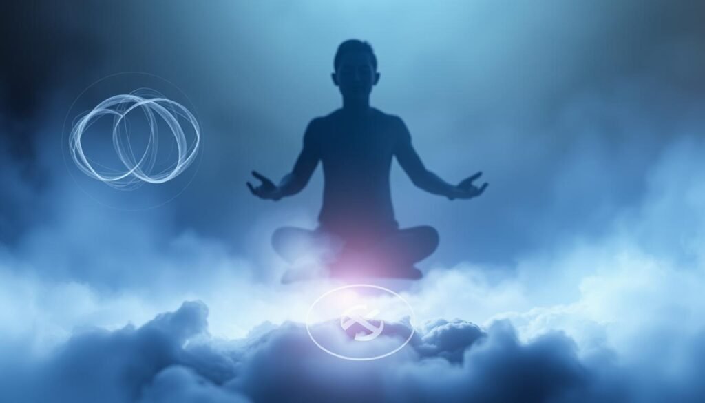 Emotional Healing Through Dream Interpretation A dreamlike landscape bathed in soft, diffused light. In the foreground, a person sits cross-legged, eyes closed, their face serene as they navigate the subconscious realm. Surrounding them, wispy, ethereal shapes and symbols representing the latent emotions and subconscious narratives that unfold in dreams. In the middle ground, a shadowy figure representing the "self" emerges from the dreamscape, reaching out to the central figure, symbolizing the process of self-discovery and emotional release. In the background, a hazy, abstract backdrop evokes a sense of the mystical and the subconscious, complementing the meditative, introspective atmosphere. The overall composition conveys a sense of inner peace, clarity, and the profound healing that can occur through the interpretation of dreams.