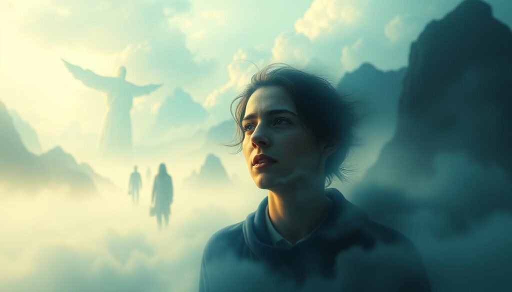 Emotional Responses to Dreams A dreamscape of ethereal landscapes and surreal imagery, illuminated by a soft, diffused light. In the foreground, a figure emerges, their face expressing a range of emotions - wonder, fear, joy, sorrow - as they navigate the shifting, otherworldly environment. Subtle textures and hues convey the visceral, almost tactile nature of the dream experience. In the middle ground, ghostly figures and abstract shapes hint at the subconscious undercurrents that shape our nocturnal visions. The background fades into a mist of uncertainty, reflecting the elusive, ephemeral nature of dreams. The overall composition evokes a sense of the deeply personal and subjective nature of dream experiences.