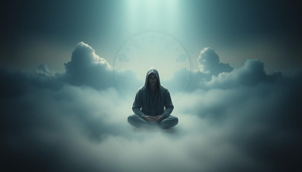 Ethereal atmospheric landscape with a central figure representing dream symbolism and spiritual interpretation. Soft, diffused lighting illuminates a tranquil, dreamlike environment. In the foreground, a cloaked, androgynous figure sits in a meditative pose, surrounded by mystical symbols and arcane iconography. Layers of mist and cloud formations drift across the background, creating a sense of depth and mystery. The overall composition evokes a contemplative, introspective mood, inviting the viewer to engage with the deeper spiritual themes expressed through the imagery.