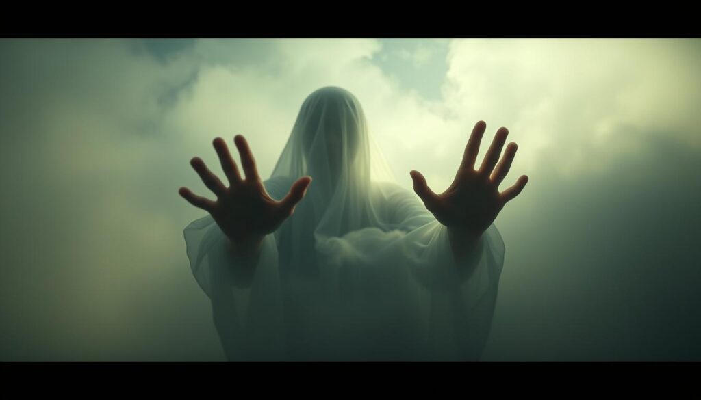 Ethereal dream realm, a ghostly figure emerges from the mist, reaching out with translucent hands. Soft, diffused lighting casts an otherworldly glow, creating an atmosphere of mystery and introspection. The deceased entity's presence evokes a sense of connection, prompting the dreamer to ponder the significance of this encounter. Subtle details, such as swirling wisps of vapor and a faint hint of color, add depth and visual interest. The composition invites the viewer to explore the deeper meaning behind this dreamscape, capturing the essence of a profound, supernatural experience.