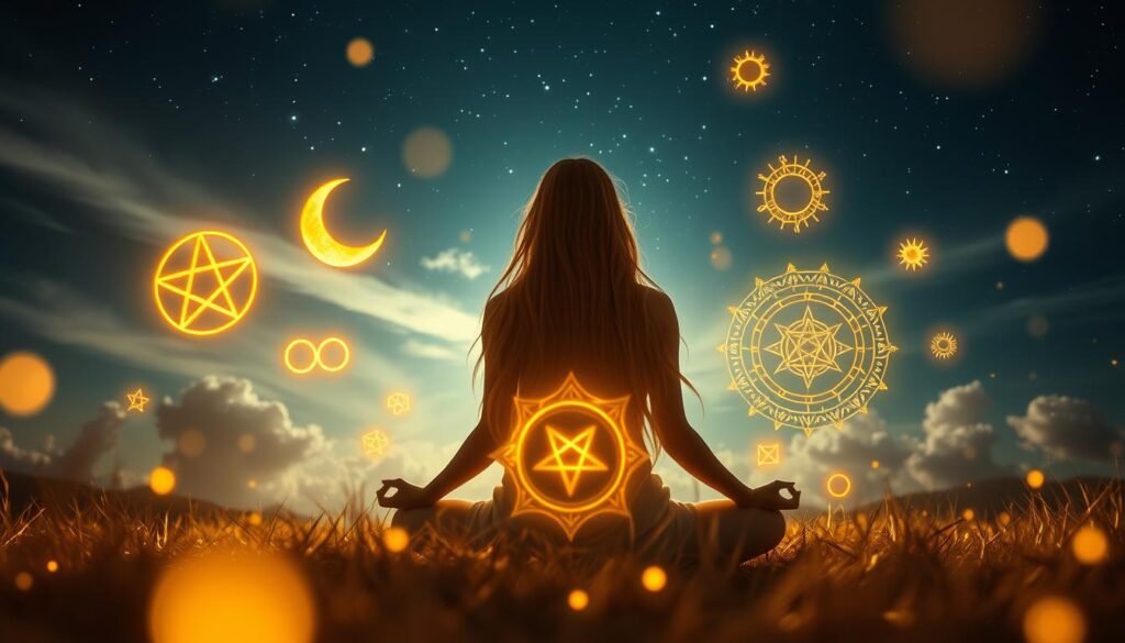 Ethereal dreamscape bathed in warm, golden light. Glowing, interwoven spiritual symbols levitate in the foreground - a pentagram, crescent moon, infinity sign, and celestial patterns. In the middle ground, a serene figure with long, flowing hair sits cross-legged, emanating a powerful, transcendent presence. Wispy clouds drift through a starry night sky in the distant background, creating a sense of tranquility and mysticism. Cinematic, close-up shot with a shallow depth of field, emphasizing the otherworldly, sacred atmosphere.