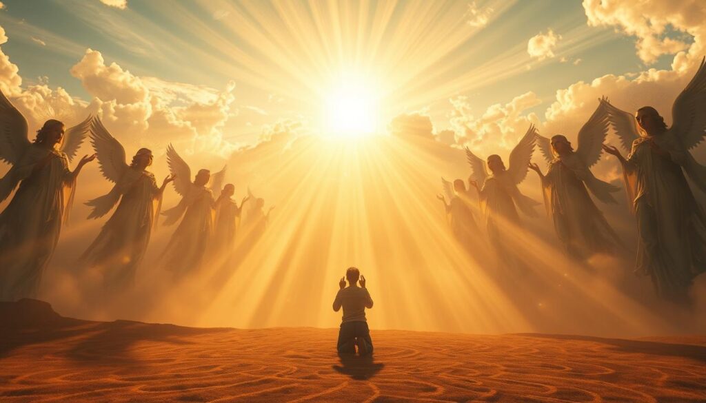 Ethereal dreamscape enveloped in a warm, golden light. Floating figures of angelic beings, their faces radiating spiritual conviction. Beams of celestial energy emanate from their hands, converging on a central figure kneeling in contemplation. Intricate patterns of light and shadow dance across the serene landscape, lending an air of sacred mystery. Wispy clouds part to reveal a shimmering, ethereal sky above. The scene evokes a profound sense of inner transformation and divine guidance amidst the tranquility of the dream realm.