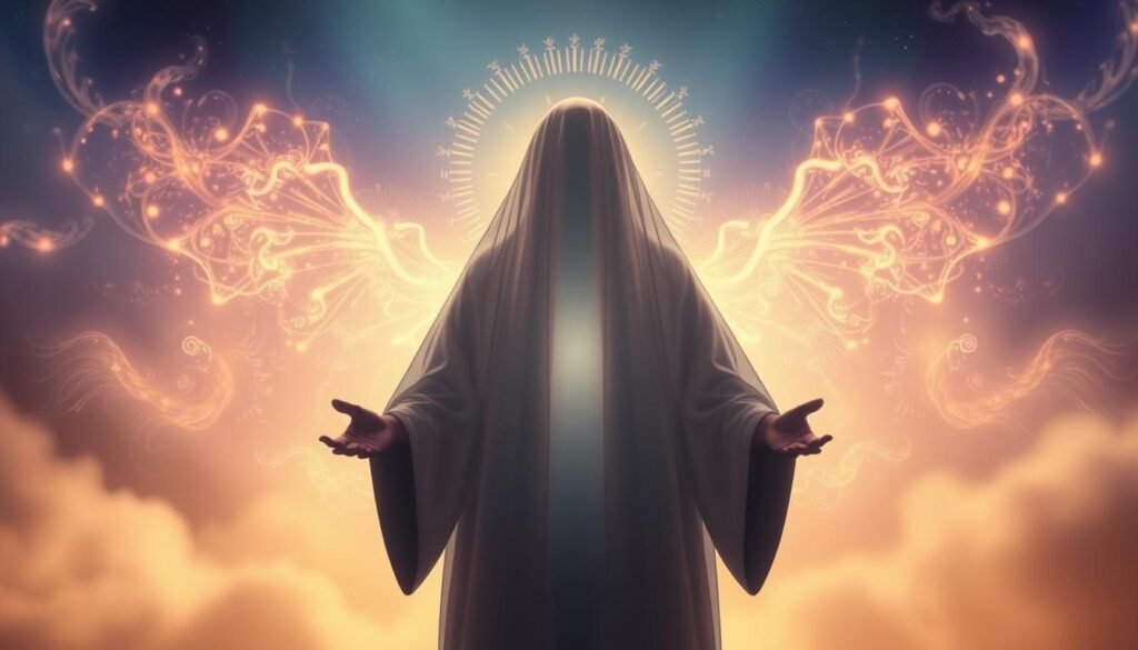 Ethereal dreamscape of spiritual protection, cloaked in a veil of shimmering light. In the foreground, a guardian figure emerges, hands outstretched, radiating a tranquil, protective energy. The middle ground features swirling wisps of energy, weaving a intricate tapestry of mystical symbols and patterns. The background subtly shifts between hues of indigo, violet, and gold, creating a serene, otherworldly atmosphere. Soft, diffused lighting illuminates the scene, casting a gentle, soothing glow. The entire composition evokes a sense of sanctuary, security, and the guiding presence of unseen forces during the dream state.