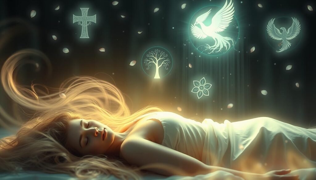 Ethereal dreamscape with redemptive symbols levitating above a restful figure. Glowing hair streams down, enveloping the serene subject in a halo of divine restoration. Soft, diffused lighting illuminates intricate designs - a cross, a tree of life, a phoenix rising. Delicate petals cascade in the background, creating an atmosphere of tranquility and spiritual renewal. Captured through a cinematic lens, the scene evokes a sense of hope and the restorative power of the subconscious.