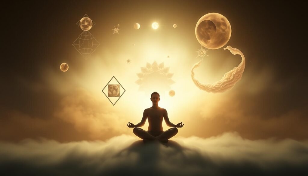 Ethereal dreamscape with symbolic imagery representing the spiritual interpretation of dreams. In the foreground, a serene figure meditating in lotus position, enveloped in a soft, warm glow. In the middle ground, abstract geometric shapes and whimsical, translucent forms float and intertwine, suggesting the interconnectedness of the conscious and subconscious mind. The background depicts a captivating, nebulous landscape of muted hues and celestial elements, evoking a sense of mysticism and the boundless potential of the human psyche. Dramatic, dramatic lighting casts dramatic shadows, creating an atmosphere of introspection and contemplation. Cinematic, wide-angle lens perspective to convey the expansive, transcendent nature of dream symbolism.