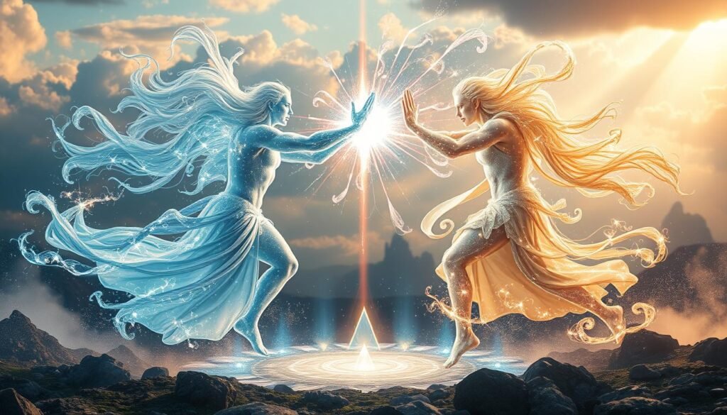 Ethereal energies swirl and converge, manifesting as tangible warriors locked in a divine battle. In the foreground, two luminous figures engage in a clash of celestial power, their movements graceful yet forceful. Shimmering auras flare and intertwine, creating an electrifying display of spiritual triumph. The middle ground holds a kaleidoscope of prismatic shapes, pulsing with the rhythm of the conflict. In the distant background, a shimmering landscape of floating islands and ethereal clouds sets the mystical stage. Beams of otherworldly light cascade through the scene, imbuing the entire composition with a sense of transcendent victory.