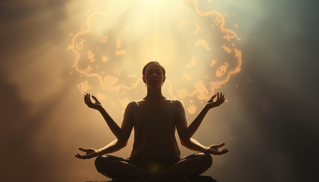 Ethereal energy field emanating from the hands of a serene, meditating figure, bathed in soft, warm lighting. Swirling, abstract dream symbols and archetypes in the background, representing the subconscious mind. The figure's posture is relaxed, yet focused, conveying a sense of inner healing and spiritual connection. Lens flare and hazy atmosphere create a tranquil, dreamlike ambiance. Muted color palette with hints of blues, purples, and golds evoke a sense of introspection and the restorative power of the mind. Camera angle slightly elevated, allowing the viewer to observe the scene from a contemplative perspective.