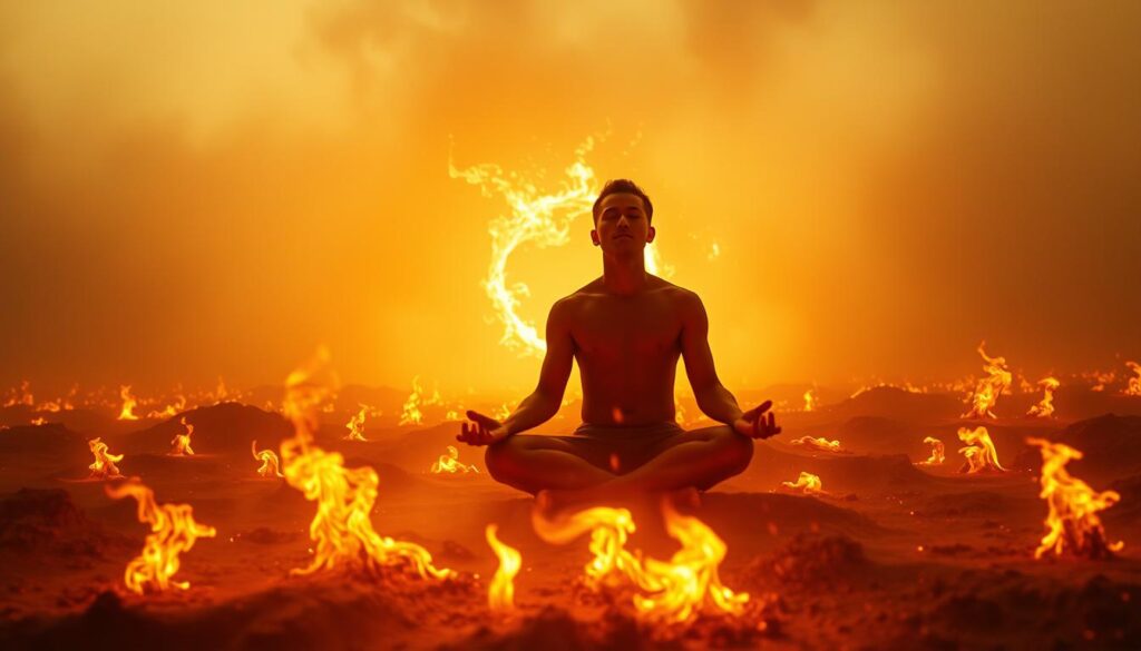 Ethereal flames dance across a mystical landscape, illuminating a realm of spiritual symbolism. In the foreground, a central figure sits cross-legged, eyes closed in deep meditation, surrounded by glowing embers that swirl and converge. In the middle ground, a shimmering portal opens, revealing a glimpse into another plane of existence. The background is shrouded in a hazy, dreamlike atmosphere, with wispy tendrils of smoke drifting through the air. The lighting is warm and inviting, creating a sense of introspection and contemplation. Soft, diffused lighting enhances the meditative mood, while a cinematic, wide-angle lens captures the grand, supernatural scale of the scene.