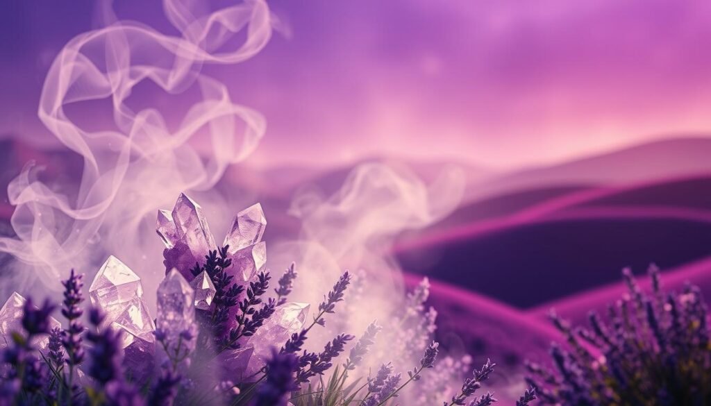 Ethereal garden of vibrant purple hues, ethereal wisps of lavender mist swirling in a soft, dreamlike atmosphere. In the foreground, a cluster of amethyst crystals radiates a gentle, calming glow, their facets reflecting a harmonious palette of violet, indigo, and periwinkle. Cascading petals of delicate lavender blooms drift weightlessly, creating a sense of tranquility and spiritual awakening. The background features a mystical, otherworldly landscape, with rolling hills of deep plum and lilac tones, bathed in a warm, golden light that imbues the scene with a sense of positivity and enlightenment. Subtle hints of indigo and eggplant add depth and dimension, while the overall composition conveys a profound, transformative dream experience.
