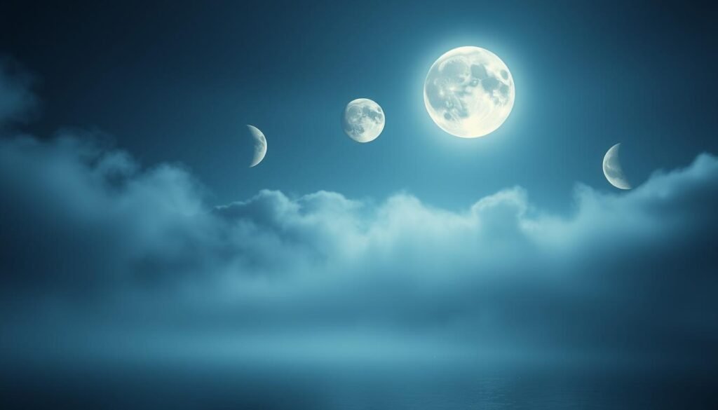 Ethereal moonlight bathes a serene, dreamlike landscape. In the foreground, multiple moons of varying sizes and phases float amidst wispy clouds, casting a mystical glow. The middle ground features a tranquil lake or pool, its surface reflecting the celestial dance above. In the background, a hazy, ethereal forest or mountain range adds depth and a sense of the otherworldly. Soft, diffused lighting creates an atmosphere of introspection and intuition, hinting at the hidden messages and emotional cycles that the multiple moons may symbolize. The composition is balanced and harmonious, inviting the viewer to contemplate the deeper significance of this oneiric vision.