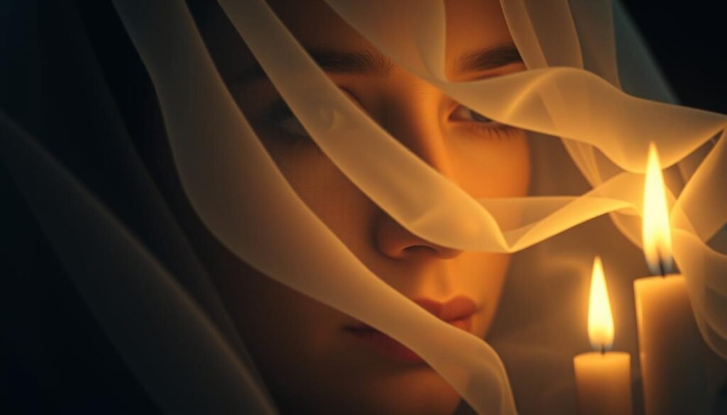 Ethereal patterns swirl in the hazy, dreamlike realm of a departed loved one's visage. Translucent wisps of light and shadow intertwine, creating a tapestry of emotional resonance. Soft, muted tones evoke a sense of solace, while geometric shapes and motifs suggest a deeper, spiritual significance. A single, soulful gaze peers through the veil, conveying a message from the other side. Flickering candle flames cast a warm, intimate glow, illuminating the profound connection between the living and the departed. Delicate tendrils of mist drift through the frame, evoking a profound sense of mystery and the fragility of life. This captivating image captures the essence of the bittersweet, awe-inspiring nature of dreams that reunite us with our lost loved ones.