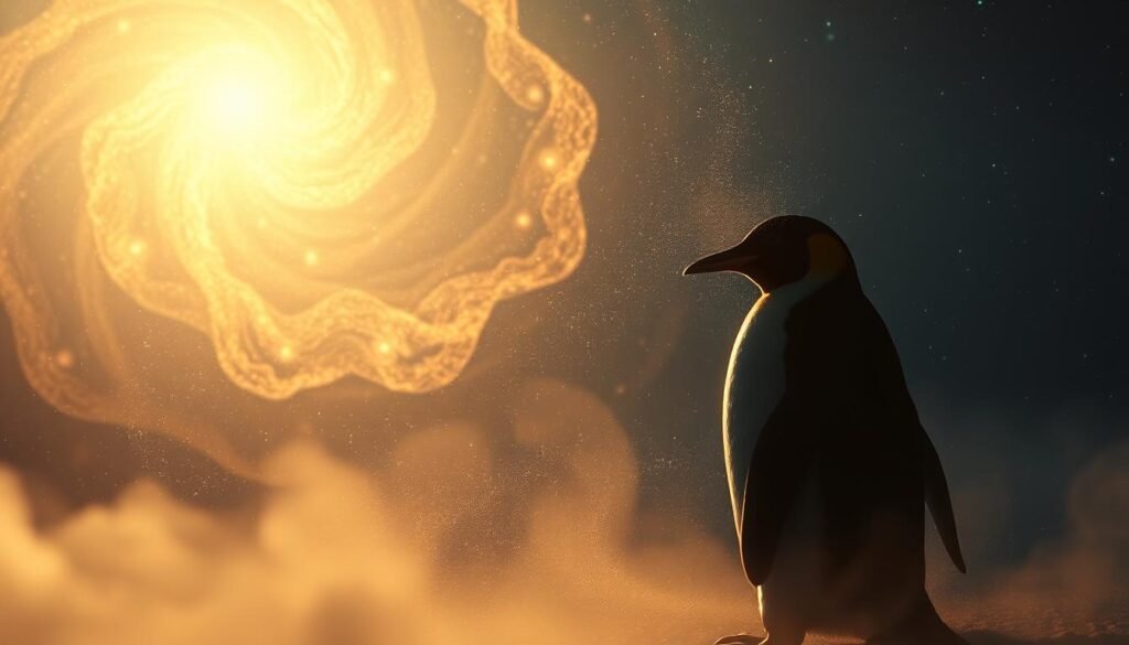 Ethereal penguin silhouette, floating amidst a cosmic dreamscape. Soft, celestial lighting bathes the scene, creating an aura of mysticism. In the foreground, the penguin's graceful form is shrouded in a veil of stardust, its beak slightly parted as if speaking a profound message. The middle ground features a swirling, abstract pattern of nebulae and galaxies, hinting at the penguin's connection to the universal consciousness. The background blends seamlessly into an infinite expanse of deep, inky blue, suggesting the limitless depths of the subconscious mind. Warm, muted tones evoke a sense of introspection and spiritual awakening. Captured with a wide-angle lens to emphasize the vastness of the dreamscape.