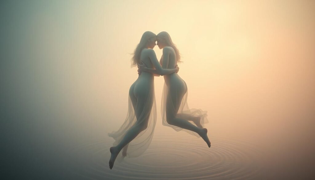 Ethereal twin figures, enveloped in a dreamlike embrace, float amidst a hazy, pastel-hued landscape. Soft, ambient lighting bathes the scene in a gentle, contemplative glow, as the two figures appear to merge and diverge, symbolizing the duality of the human experience. In the background, a faint, mirrored reflection ripples, blurring the line between reality and the subconscious. The overall atmosphere evokes a sense of exploration, introspection, and the interconnectedness of the human psyche. A wide-angle, cinematic lens captures the scene, creating a sense of immersion and wonder.