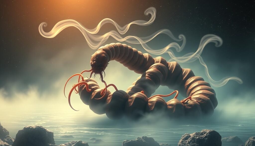Flowing, ethereal dream landscape with a towering, iridescent centipede coiled in the foreground. Its myriad legs twitch and writhe, fangs dripping with venom. Beneath the creature, a shimmering pool reflects the celestial night sky, hinting at the subconscious realm. Soft, diffused lighting bathes the scene, creating an atmosphere of mysticism and foreboding. Wispy tendrils of mist curl around the centipede's form, obscuring and revealing in equal measure. Hints of symbolic, abstract shapes dance in the periphery, suggesting the hidden meanings within this uncanny vision.