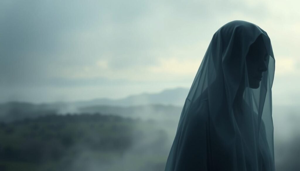 Funeral Dream Symbolism Visualization: A somber, ethereal scene unfolds against a dreamlike backdrop. In the foreground, a translucent, ghostly figure emerges from the mist, representing the emotional weight and symbolism of a funeral dream. The figure's face is obscured, conveying a sense of mystery and the universal human experience of mortality. In the middle ground, a blurred, verdant landscape suggests the cycle of life and death, while the distant horizon is shrouded in a hazy, atmospheric glow. Soft, diffused lighting casts a melancholic, contemplative mood, inviting the viewer to reflect on the deeper meaning and emotional significance of a funeral dream. Realistic, yet with a surreal, subconscious quality, this image aims to capture the essence of the dream symbolism associated with a funeral.