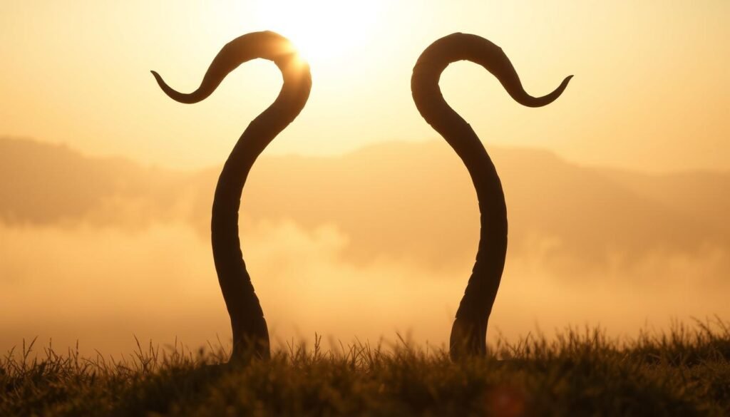 Goat horns emerging from a serene, dreamlike landscape. In the foreground, a pair of majestic horns stand tall, their spiraling curves casting dynamic shadows. The middle ground features a misty, ethereal field, with swirling wisps of energy hinting at the mystical power of the horns. The background is a soft, hazy sky, tinged with warm golden hues, creating an atmosphere of tranquility and introspection. Dramatic backlighting illuminates the horns, imbuing them with a sense of divine radiance and protection. The overall composition evokes a sense of inner strength, spiritual guidance, and the transformative potential of dreams.