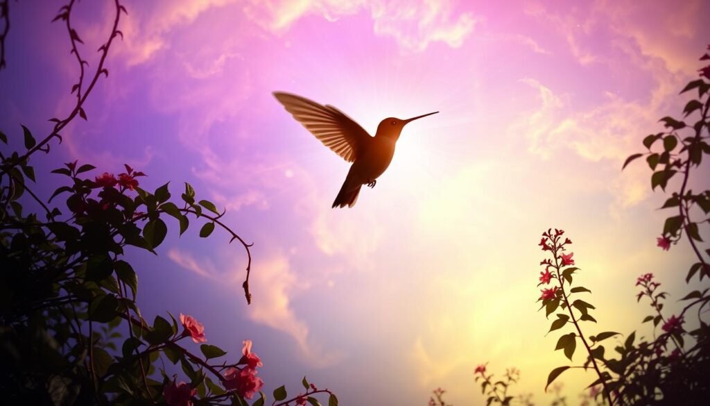 Hummingbird silhouette soaring gracefully against a vibrant, dreamlike sky - hues of violet, indigo, and gold swirling in an ethereal dance. Vines and flowers intertwine, creating a mystical, enchanted forest backdrop. Soft, diffused lighting bathes the scene, imbuing it with a sense of tranquility and spiritual awakening. The hummingbird's wings are a blur, symbolizing the fleeting, ephemeral nature of the divine message it carries. Rays of celestial energy emanate from the creature, connecting the earthly and the celestial. An atmosphere of profound introspection and enlightenment permeates the image, inviting the viewer to meditate on the significance of hummingbird symbolism.