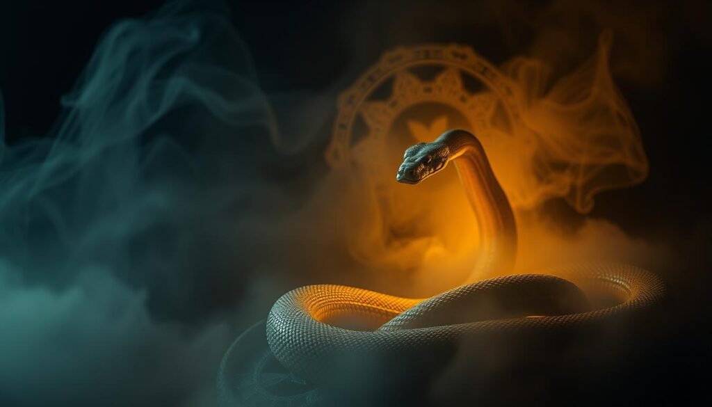 In a dimly lit dreamscape, a serpentine figure emerges from the shadows, its scales gleaming with a mystical iridescence. The snake coils gracefully, its sinuous movements evoking ancient symbols of transformation and the cyclical nature of life. The background gradually fades into a swirling mist, creating a sense of ethereal depth and mystery. Soft, warm lighting accentuates the snake's sinuous form, while subtle hints of cultural motifs, such as intricate patterns or symbolic elements, are woven throughout the composition. The overall atmosphere conveys a sense of introspection and the exploration of subconscious realms, inviting the viewer to contemplate the deeper meanings and universal significance of the snake in global dream interpretation.