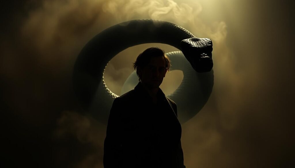 In a shadowy realm, a figure emerges, their form obscured by a serpentine silhouette. The figure's gaze is introspective, a reflection of the inner turmoil and duality within. Swirling energy surrounds them, hinting at the powerful and transformative nature of the cobra's presence. The background is a dreamscape, a blend of earthy tones and ethereal mists, suggesting the liminal space between the conscious and subconscious. Dramatic lighting casts long shadows, emphasizing the depth and complexity of the subject's psyche. This image captures the powerful symbolism of the shadow self and the cobra's role as a guide in the journey of self-discovery and spiritual awakening.