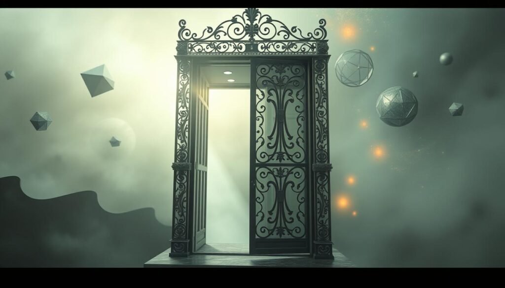 In a surreal dreamscape, an ornate elevator rises, its doors ajar, revealing a serene interior bathed in soft, ethereal light. The elevator's metal frame is adorned with intricate, flowing patterns, symbolizing the journey of the subconscious. Beyond the elevator, a misty, abstract landscape unfolds, hinting at the depths of the psyche. Floating geometric shapes and swirling energy fields suggest the interplay of the conscious and unconscious minds. The overall mood is one of contemplation and introspection, inviting the viewer to explore the symbolic meaning of the elevator and its ascent or descent within the realm of dreams.