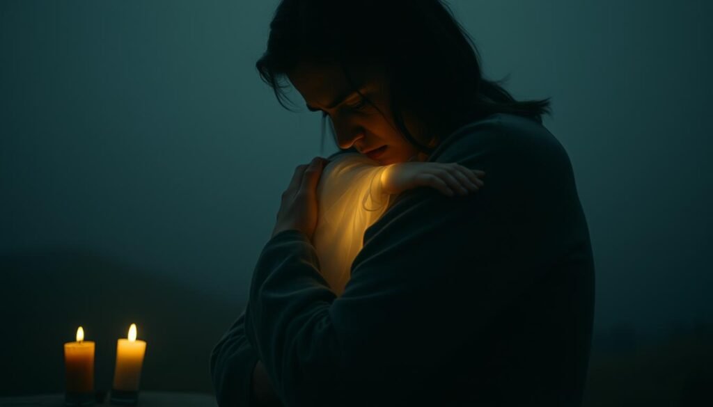 Intimate, candlelit scene of a person embracing a fading spirit, representing the loss of a twin. Soft, atmospheric lighting casts a somber, melancholic glow, emphasizing the emotional turmoil. The foreground depicts the mourner, their face buried in their hands, brow furrowed in anguish. The middle ground features the translucent, ethereal form of the twin, reaching out with a look of empathy and concern. The background is a hazy, dreamlike landscape, suggesting the subconscious realm of the dreamer. Subtle, muted color palette evokes a sense of grief and introspection. Tight framing and intimate composition convey the profound, personal nature of the experience.